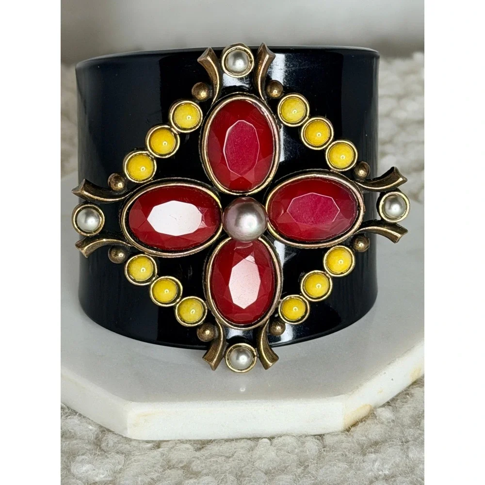 Vintage Extasia Red Bronze Handmade Cuff Bracelet Cab Stone Baroque Cross
